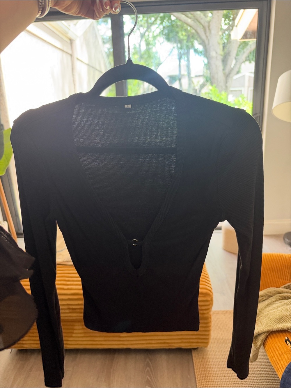 SHEIN Black Long Sleeve V-Neck Top with Center Ring